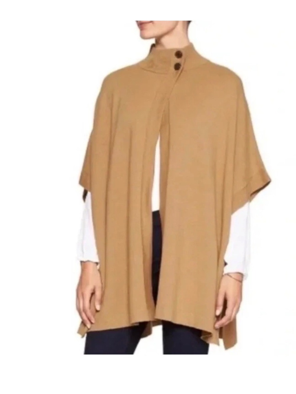Banana Republic Camel Brown Knit Poncho Cape with Button Collar, Size M/L